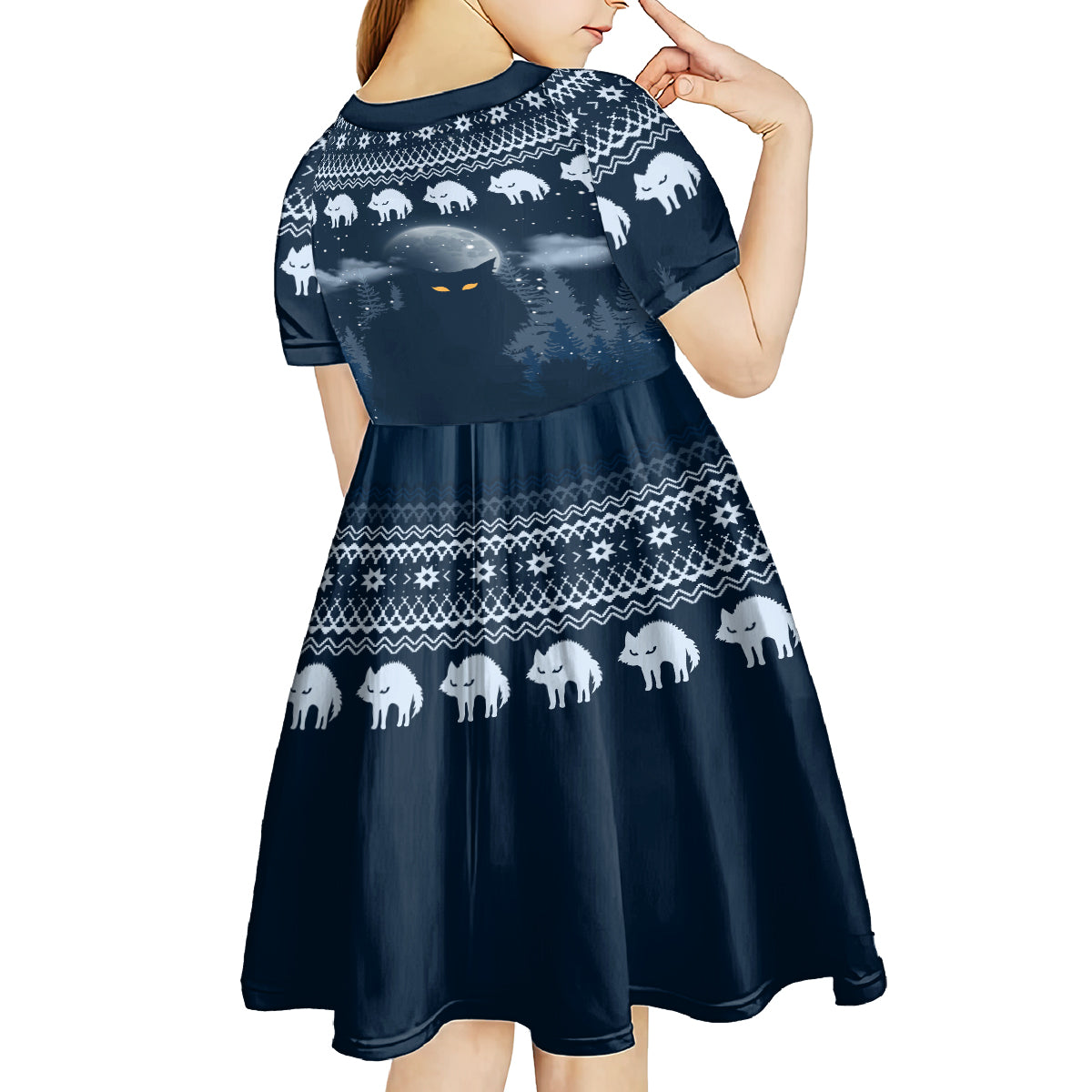 Yule Cat Christmas Kid Short Sleeve Dress Jolakotturinn Snowy Night - Wonder Print Shop