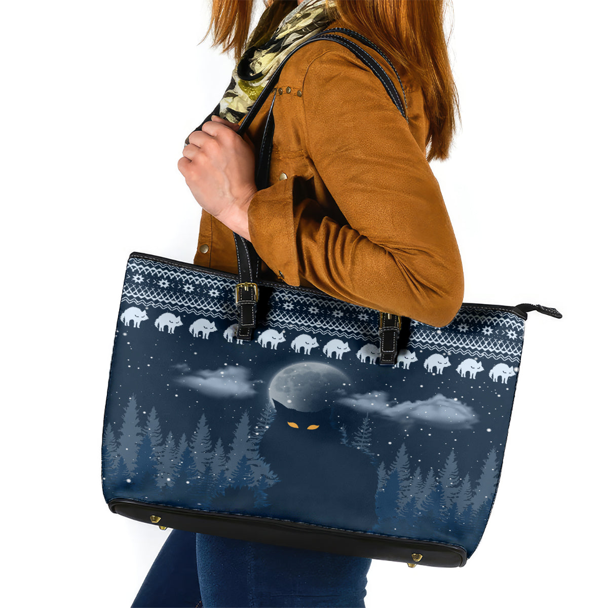 Yule Cat Christmas Leather Tote Bag Jolakotturinn Snowy Night - Wonder Print Shop