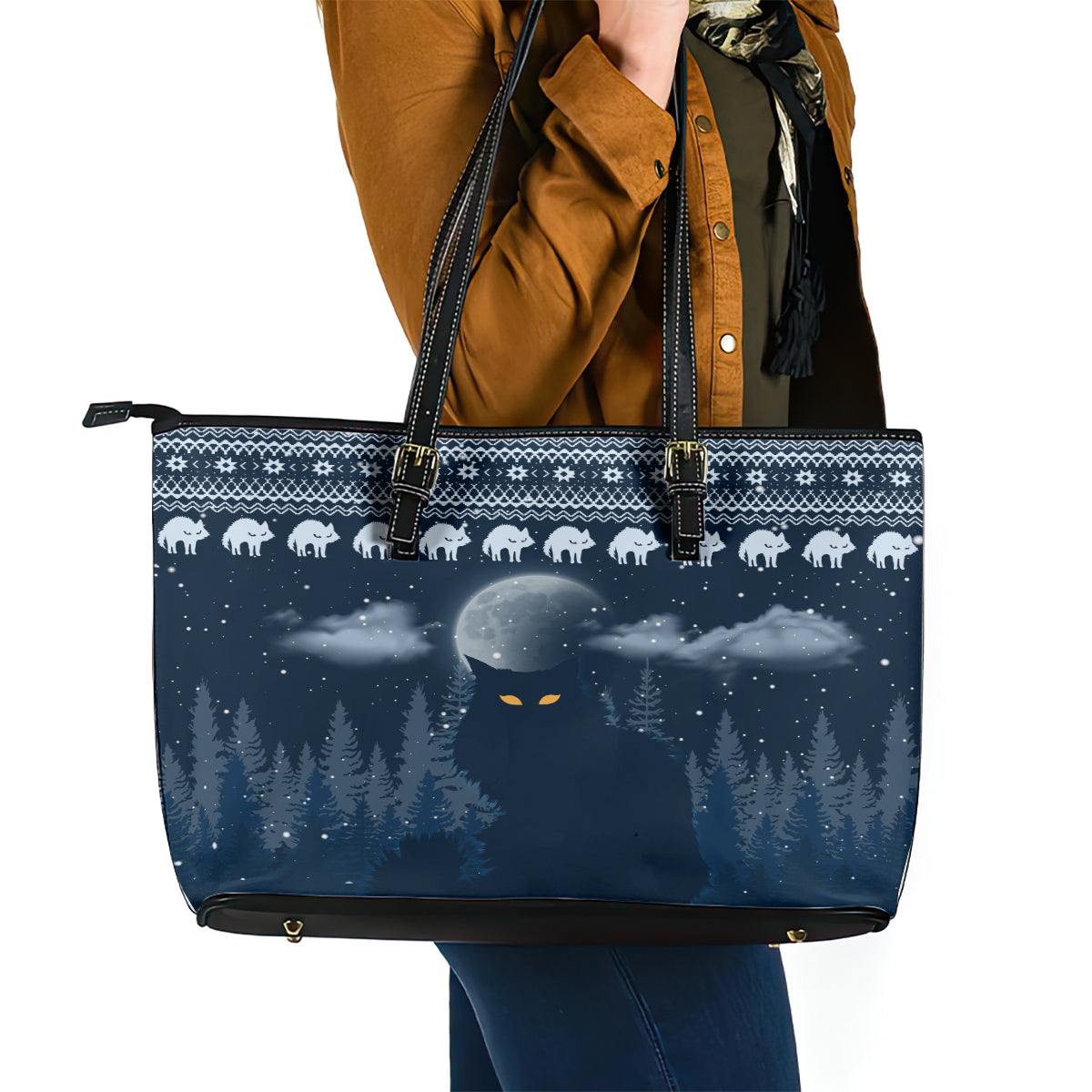 Yule Cat Christmas Leather Tote Bag Jolakotturinn Snowy Night - Wonder Print Shop