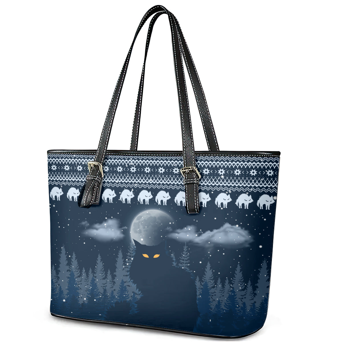 Yule Cat Christmas Leather Tote Bag Jolakotturinn Snowy Night - Wonder Print Shop