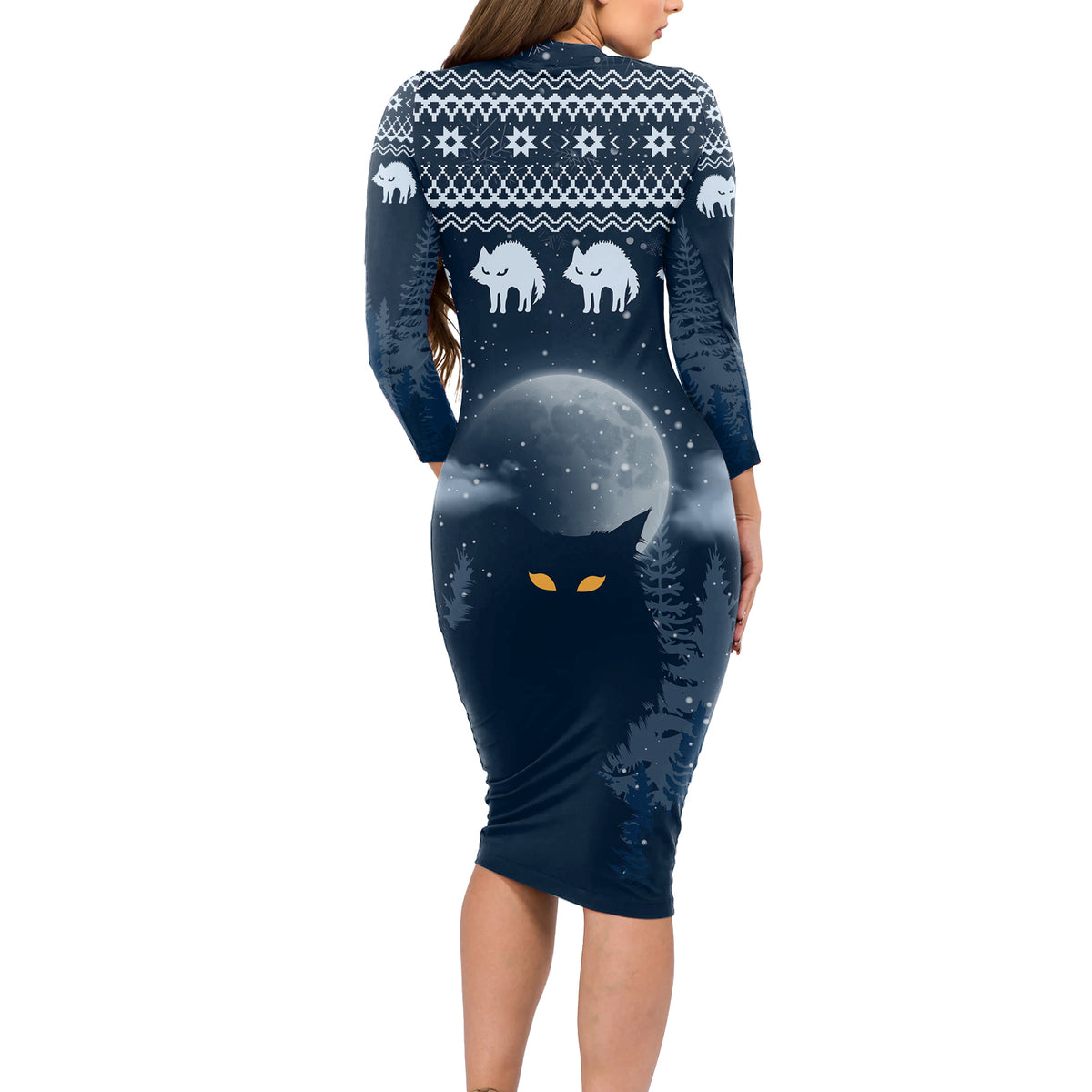 Yule Cat Christmas Long Sleeve Bodycon Dress Jolakotturinn Snowy Night - Wonder Print Shop