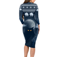 Yule Cat Christmas Long Sleeve Bodycon Dress Jolakotturinn Snowy Night - Wonder Print Shop