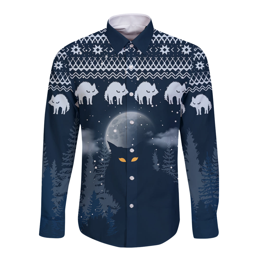 Yule Cat Christmas Long Sleeve Button Shirt Jolakotturinn Snowy Night - Wonder Print Shop