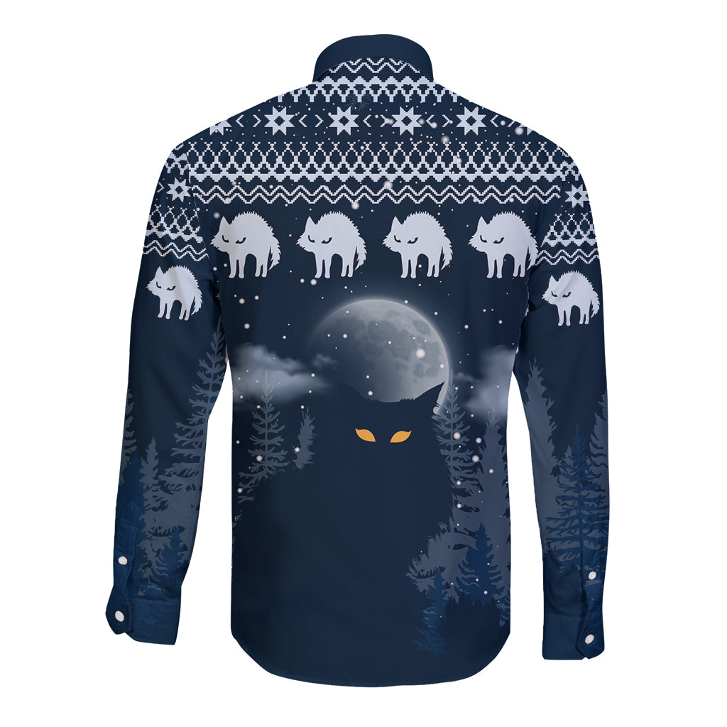Yule Cat Christmas Long Sleeve Button Shirt Jolakotturinn Snowy Night - Wonder Print Shop