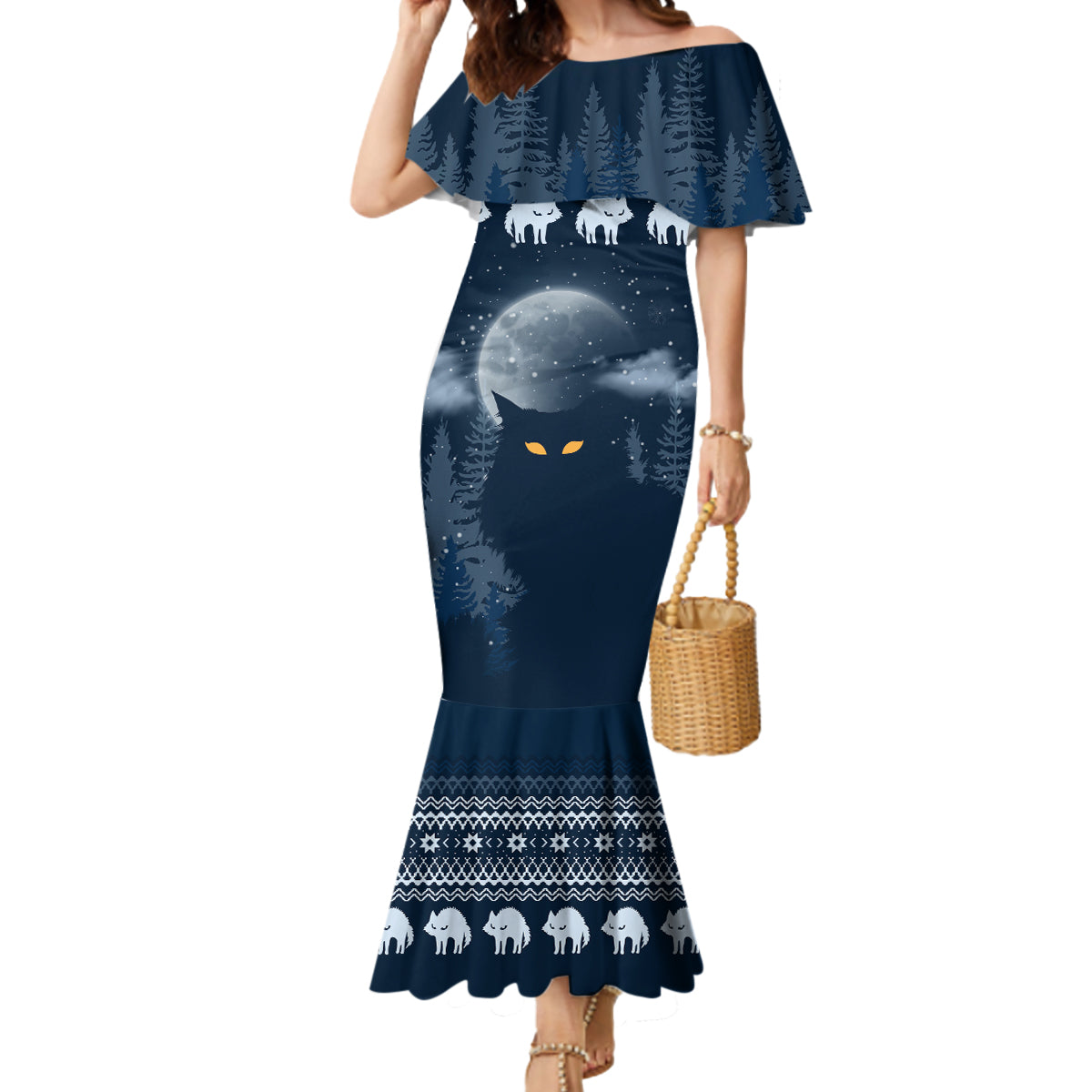Yule Cat Christmas Mermaid Dress Jolakotturinn Snowy Night - Wonder Print Shop