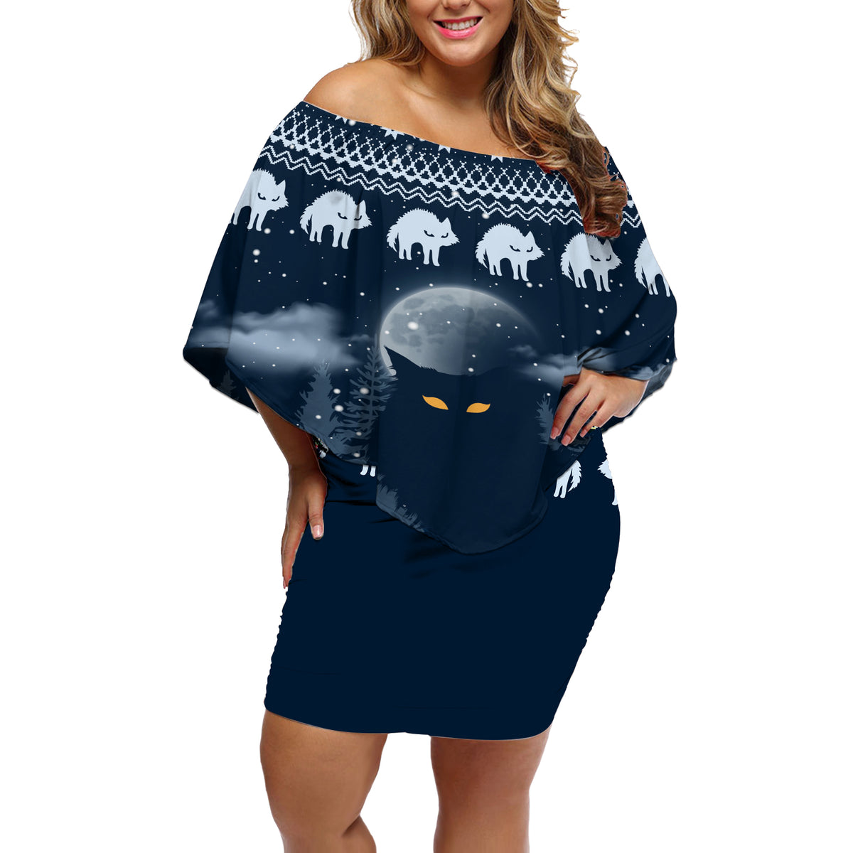 Yule Cat Christmas Off Shoulder Short Dress Jolakotturinn Snowy Night - Wonder Print Shop
