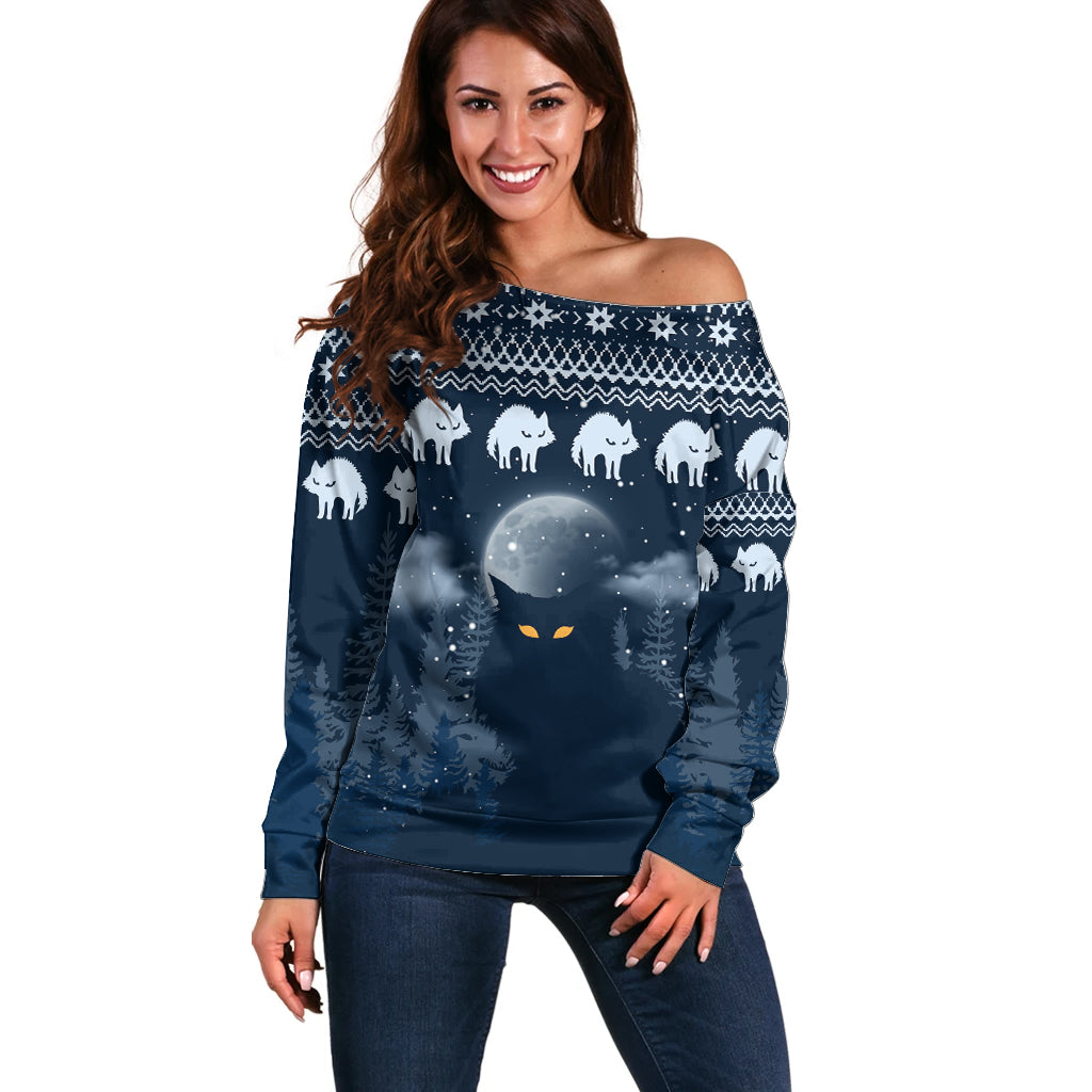 Yule Cat Christmas Off Shoulder Sweater Jolakotturinn Snowy Night - Wonder Print Shop