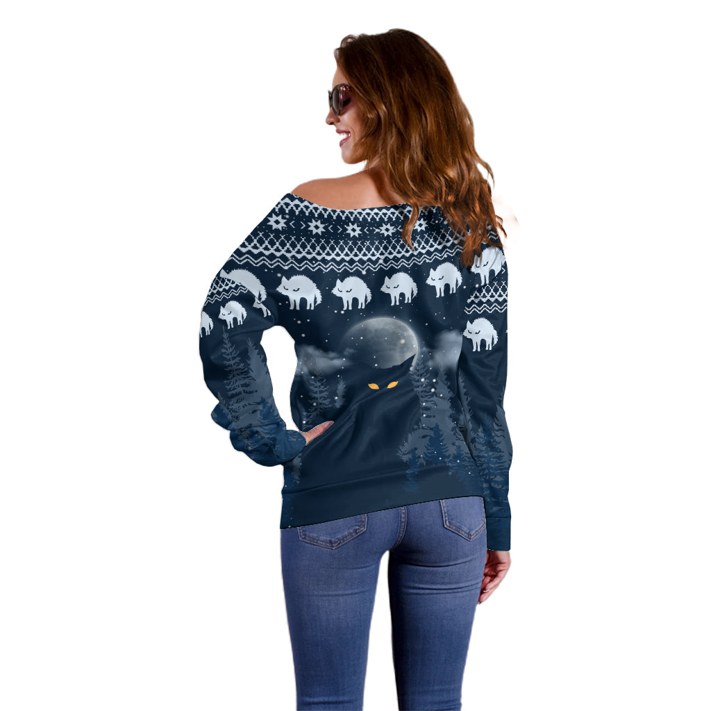 Yule Cat Christmas Off Shoulder Sweater Jolakotturinn Snowy Night - Wonder Print Shop