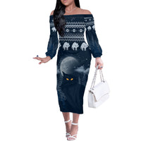 Yule Cat Christmas Off The Shoulder Long Sleeve Dress Jolakotturinn Snowy Night - Wonder Print Shop