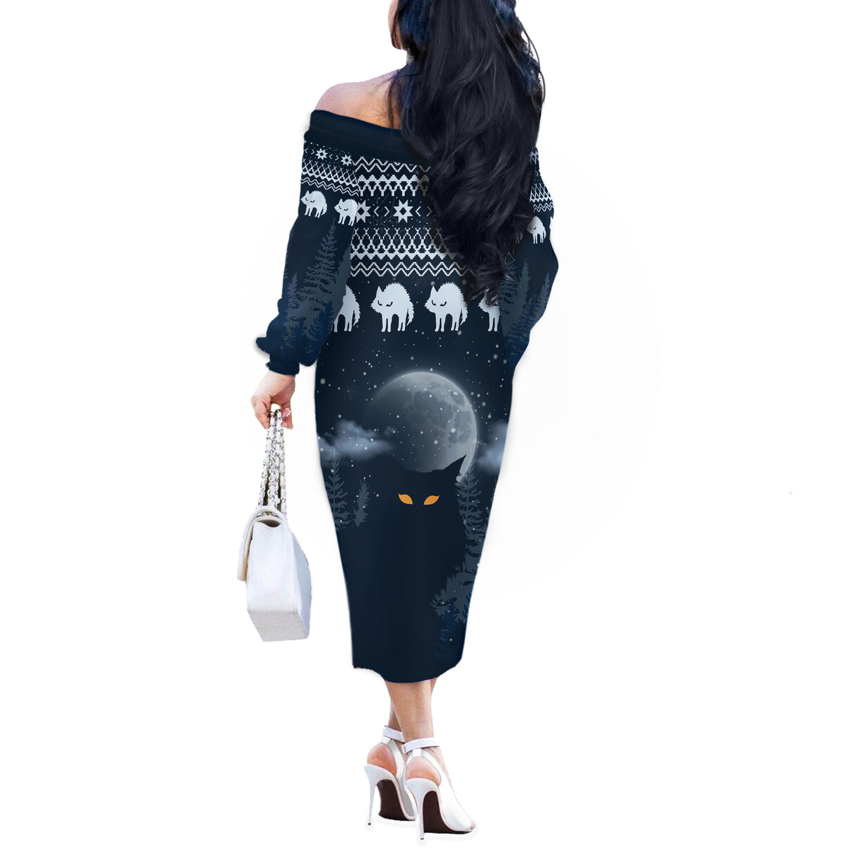 Yule Cat Christmas Off The Shoulder Long Sleeve Dress Jolakotturinn Snowy Night - Wonder Print Shop