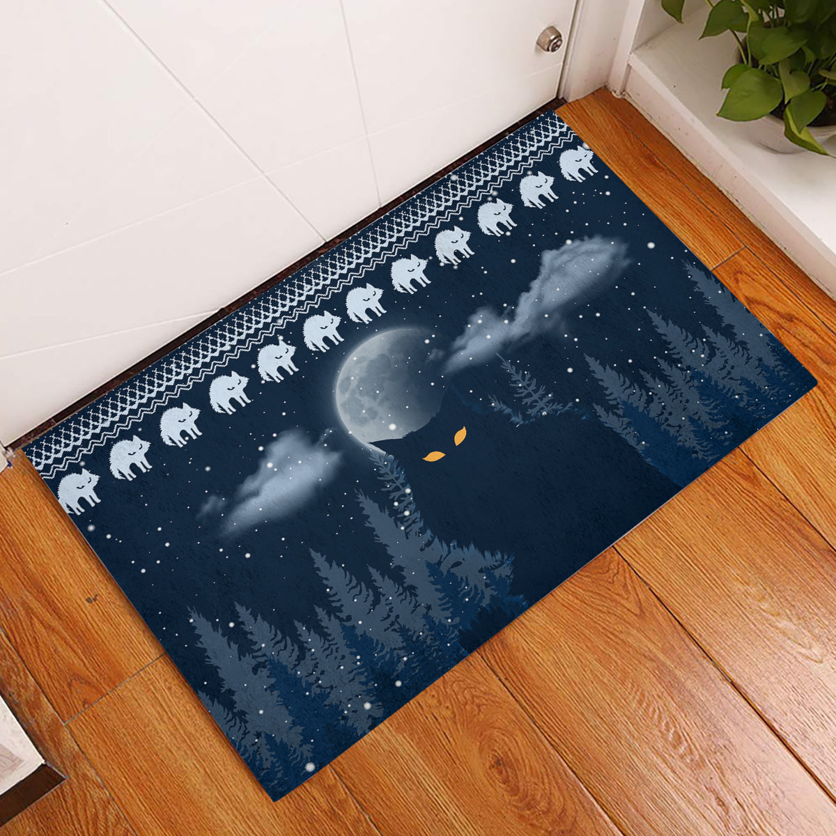 Yule Cat Christmas Rubber Doormat Jolakotturinn Snowy Night - Wonder Print Shop