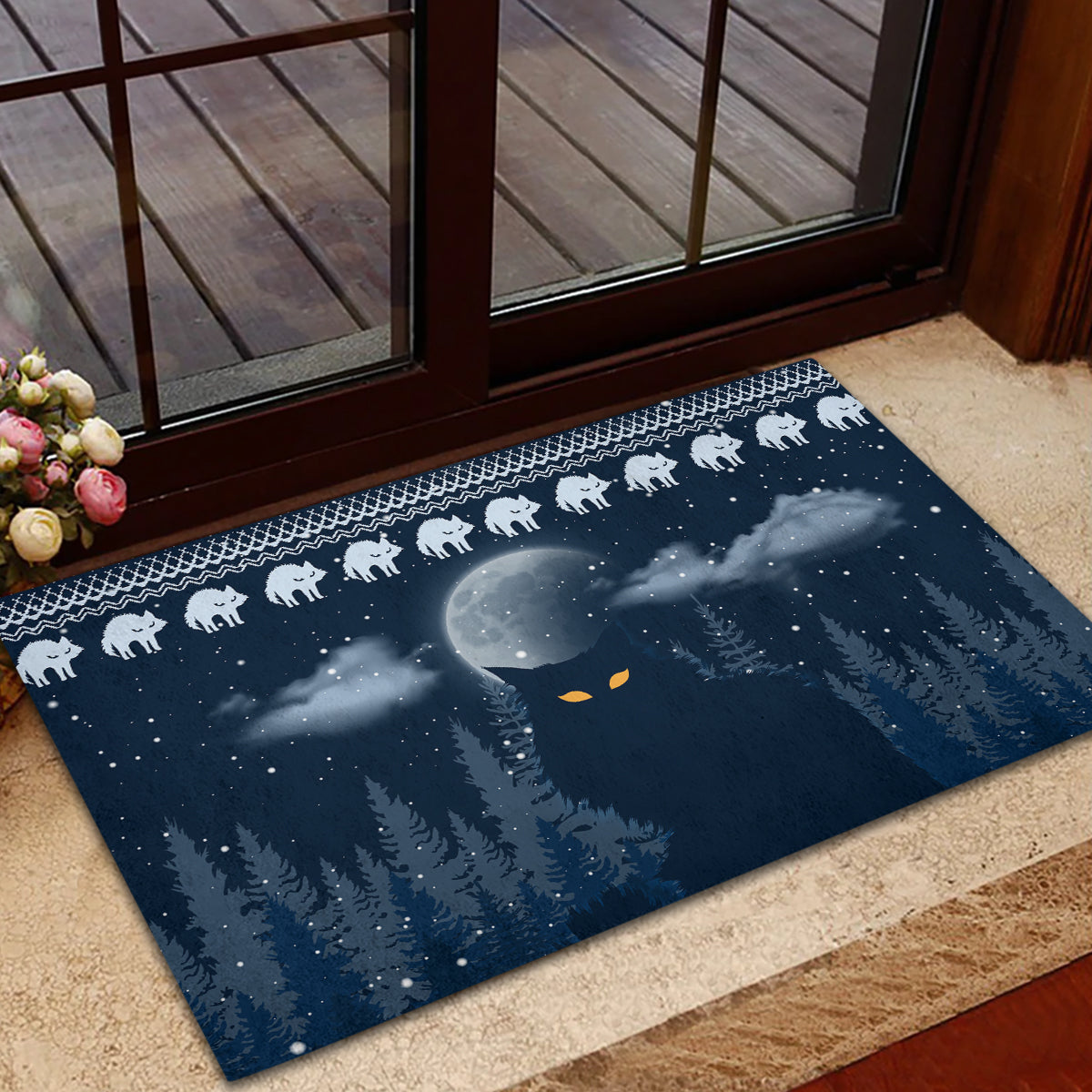 Yule Cat Christmas Rubber Doormat Jolakotturinn Snowy Night - Wonder Print Shop
