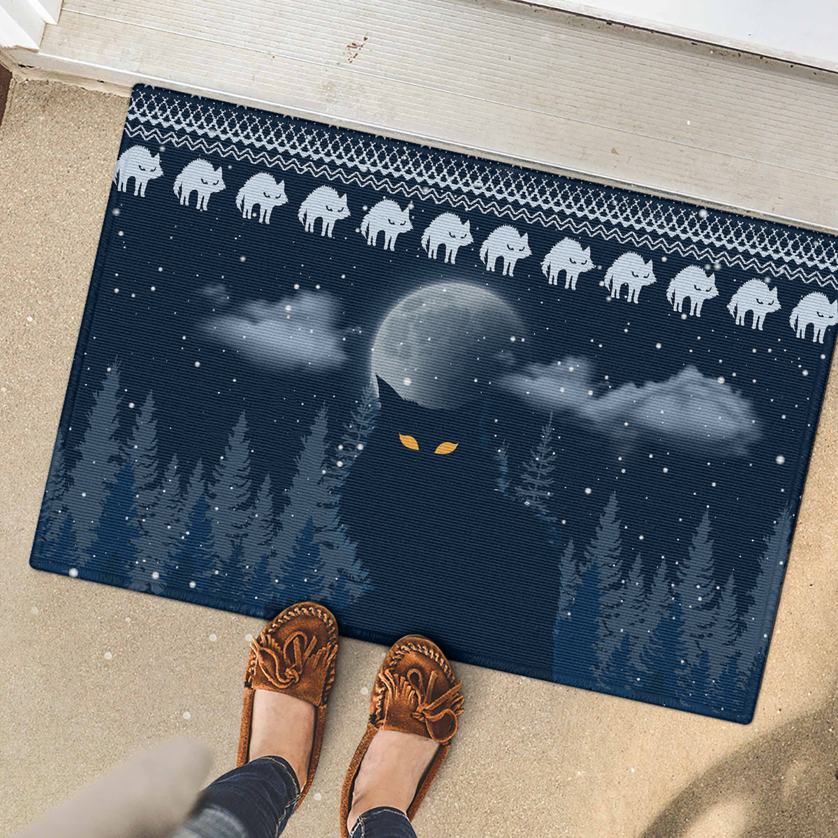 Yule Cat Christmas Rubber Doormat Jolakotturinn Snowy Night - Wonder Print Shop