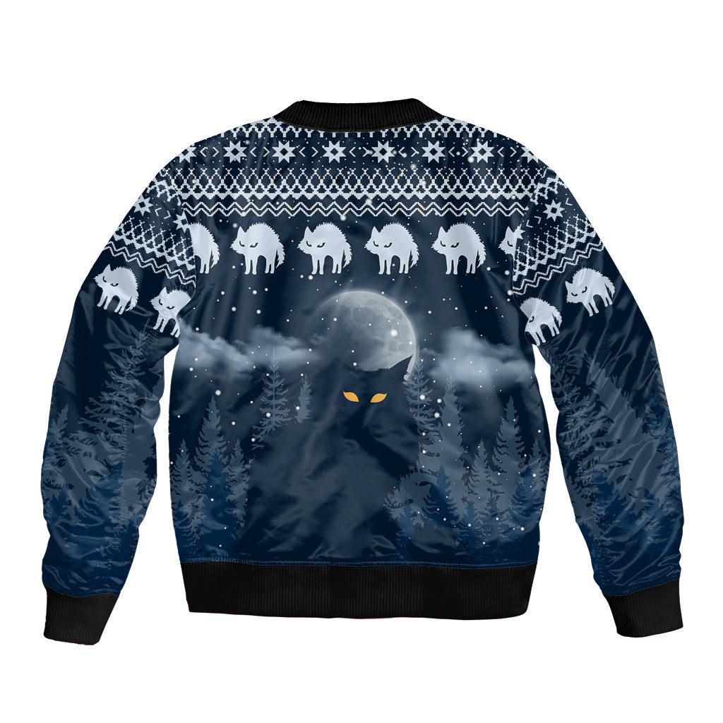 Yule Cat Christmas Sleeve Zip Bomber Jacket Jolakotturinn Snowy Night - Wonder Print Shop