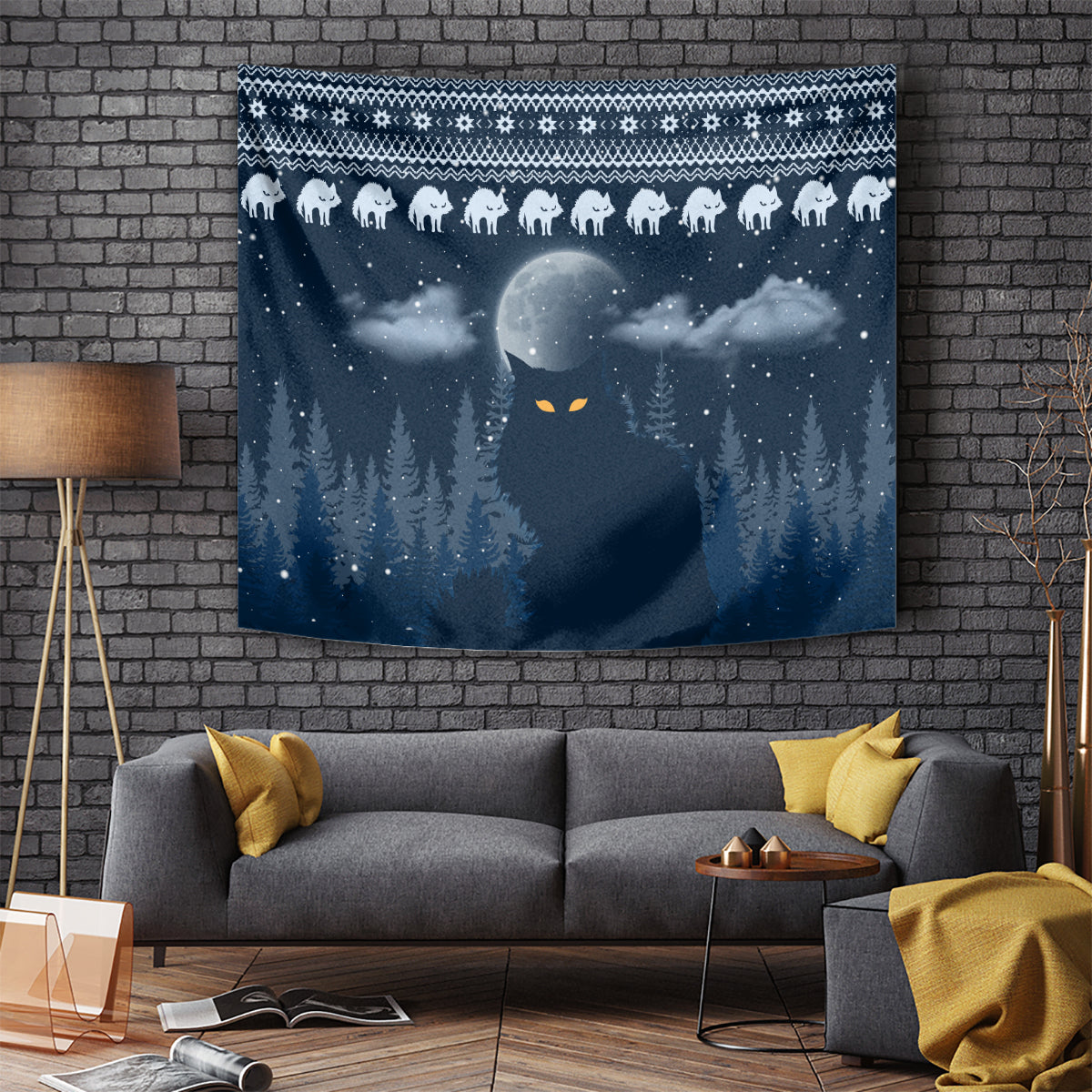 Yule Cat Christmas Tapestry Jolakotturinn Snowy Night - Wonder Print Shop