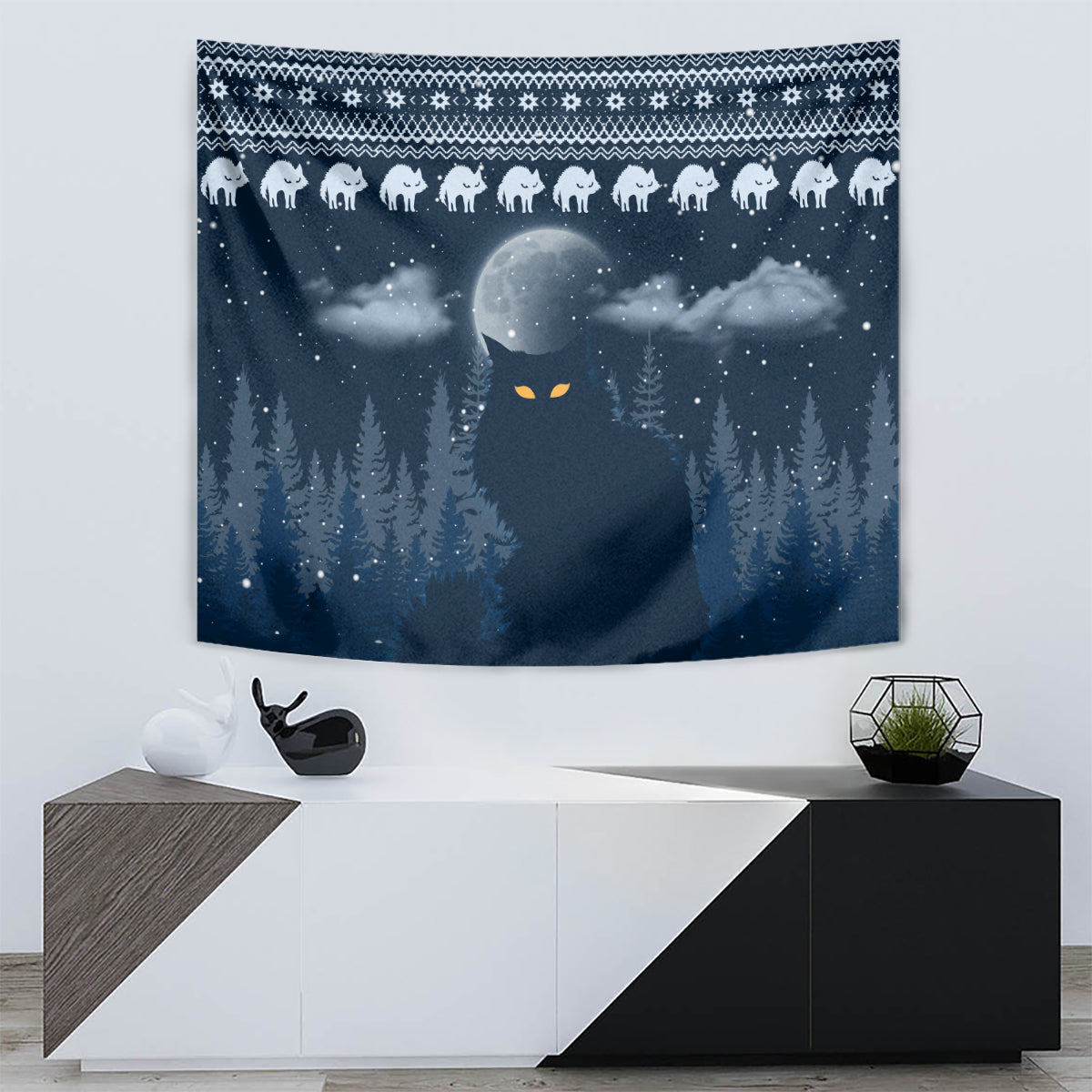 Yule Cat Christmas Tapestry Jolakotturinn Snowy Night - Wonder Print Shop