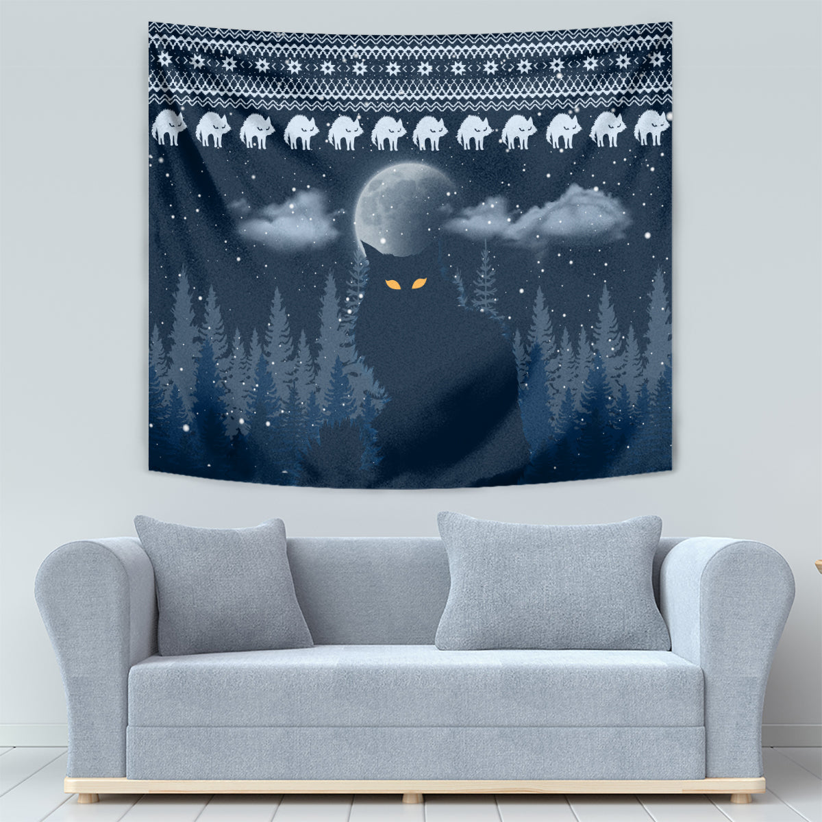 Yule Cat Christmas Tapestry Jolakotturinn Snowy Night - Wonder Print Shop