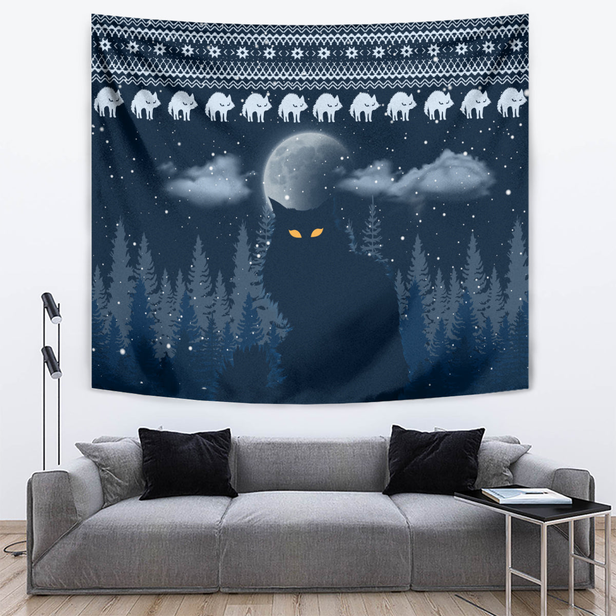 Yule Cat Christmas Tapestry Jolakotturinn Snowy Night - Wonder Print Shop