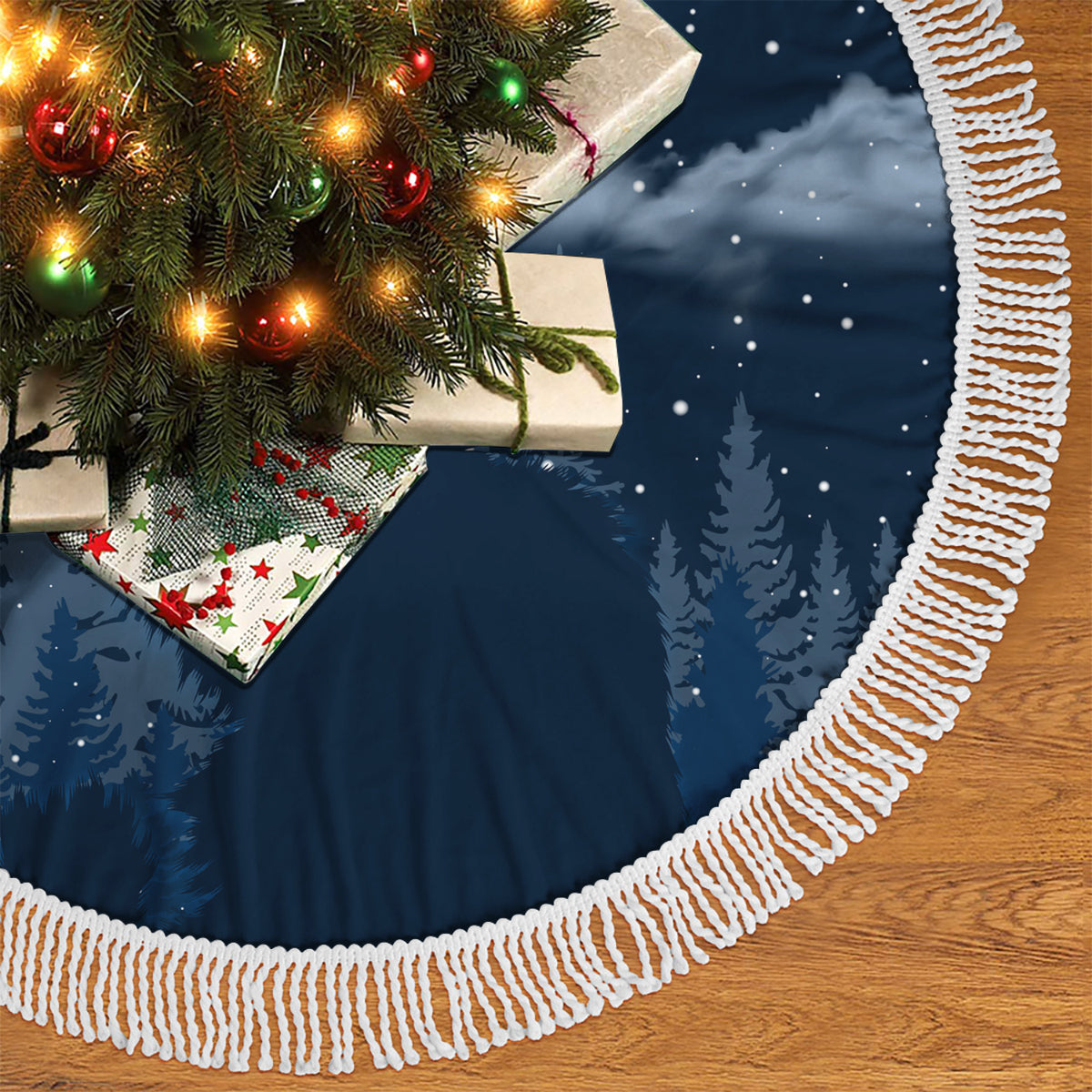 Yule Cat Christmas Tree Skirt Jolakotturinn Snowy Night - Wonder Print Shop