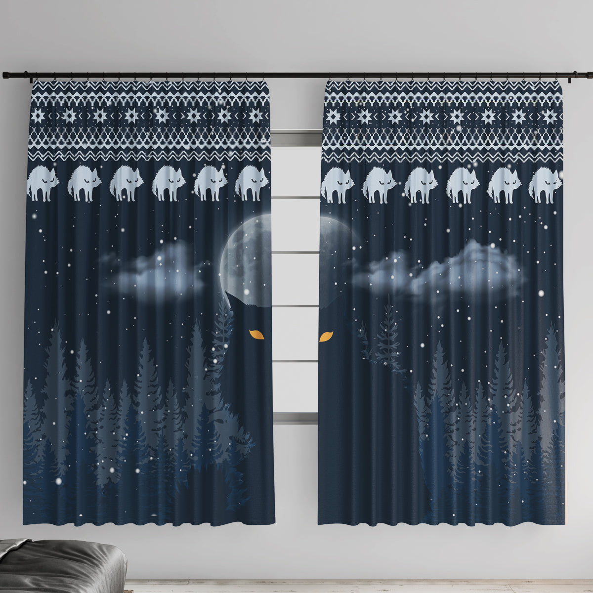 Yule Cat Christmas Window Curtain Jolakotturinn Snowy Night - Wonder Print Shop
