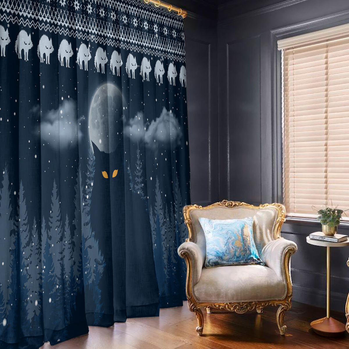 Yule Cat Christmas Window Curtain Jolakotturinn Snowy Night - Wonder Print Shop