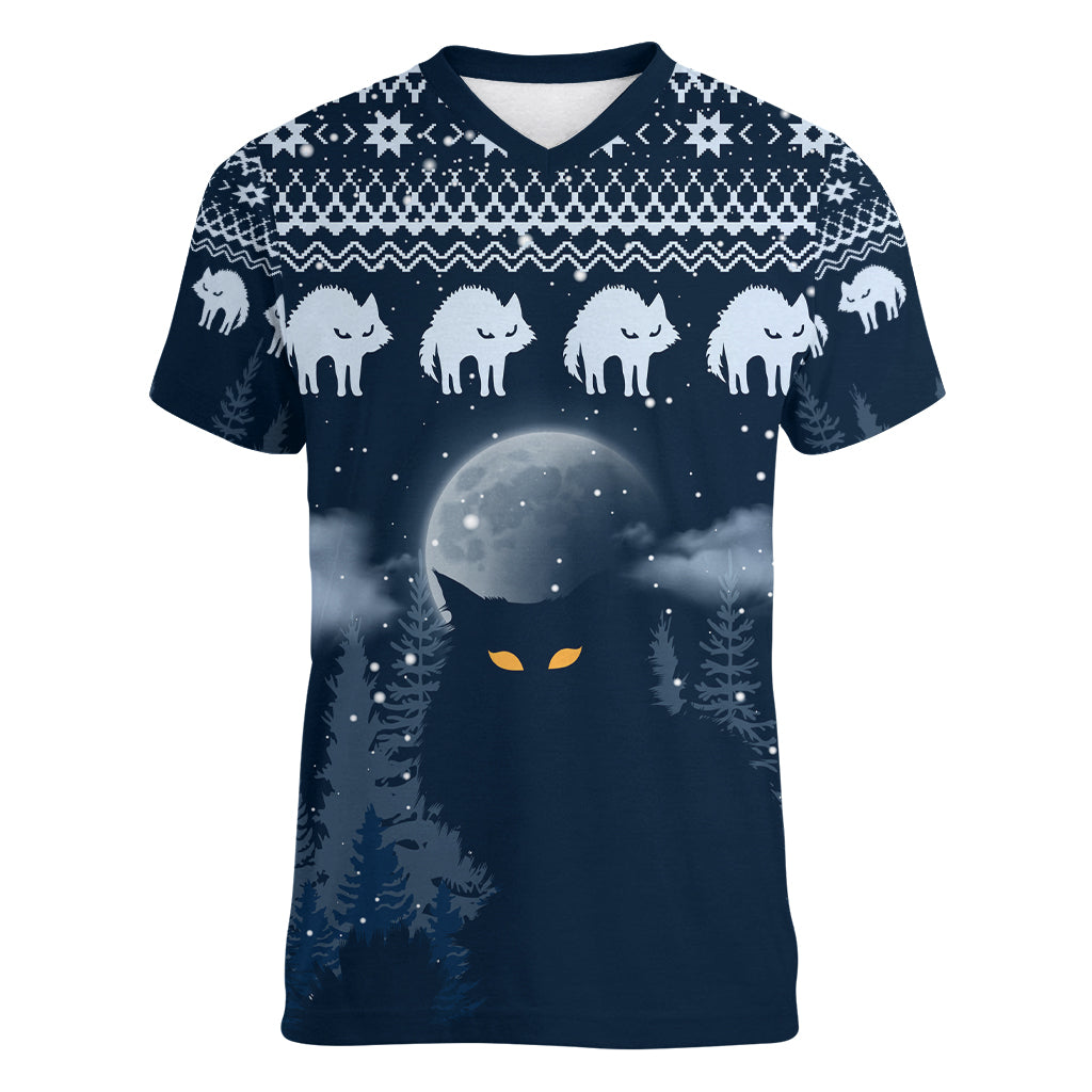 Yule Cat Christmas Women V Neck T Shirt Jolakotturinn Snowy Night - Wonder Print Shop