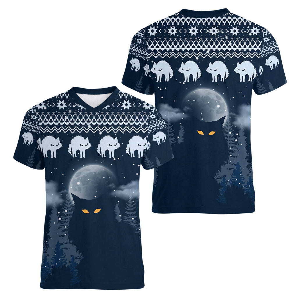 Yule Cat Christmas Women V Neck T Shirt Jolakotturinn Snowy Night - Wonder Print Shop
