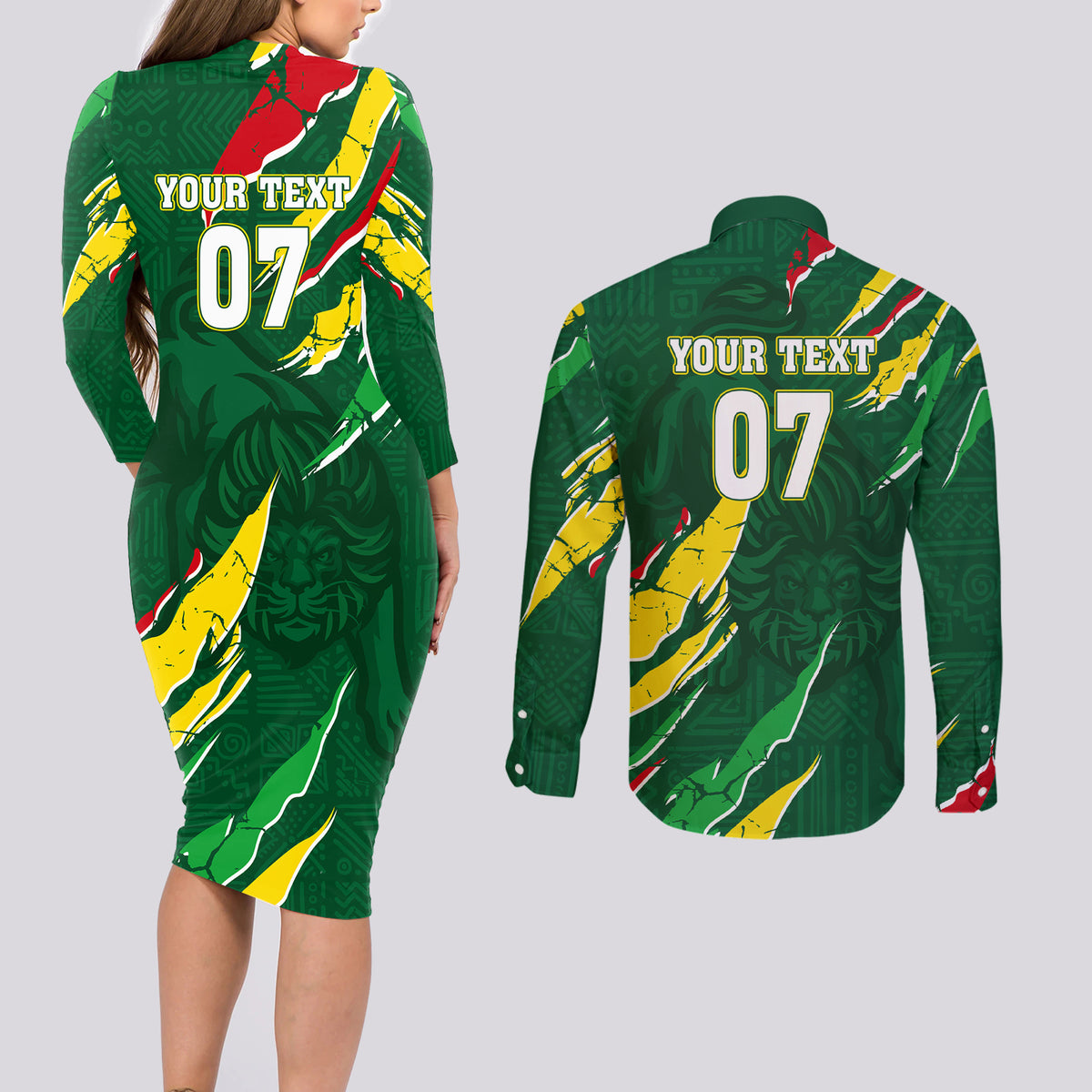 Custom Senegal Football Couples Matching Long Sleeve Bodycon Dress and Long Sleeve Button Shirt Nations Cup 2024 Tranga Lions LT7 - Wonder Print Shop
