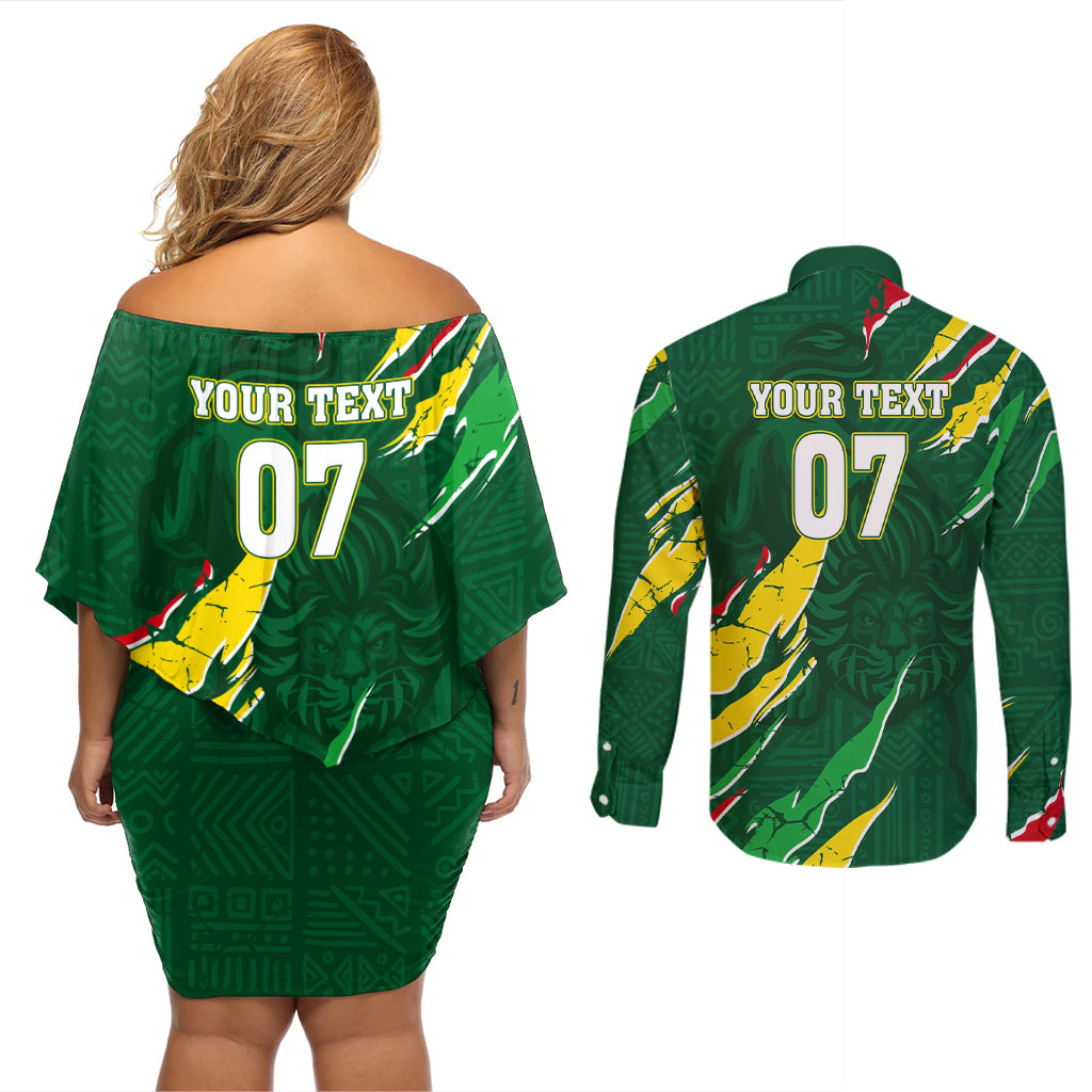 Custom Senegal Football Couples Matching Off Shoulder Short Dress and Long Sleeve Button Shirt Nations Cup 2024 Tranga Lions LT7 - Wonder Print Shop