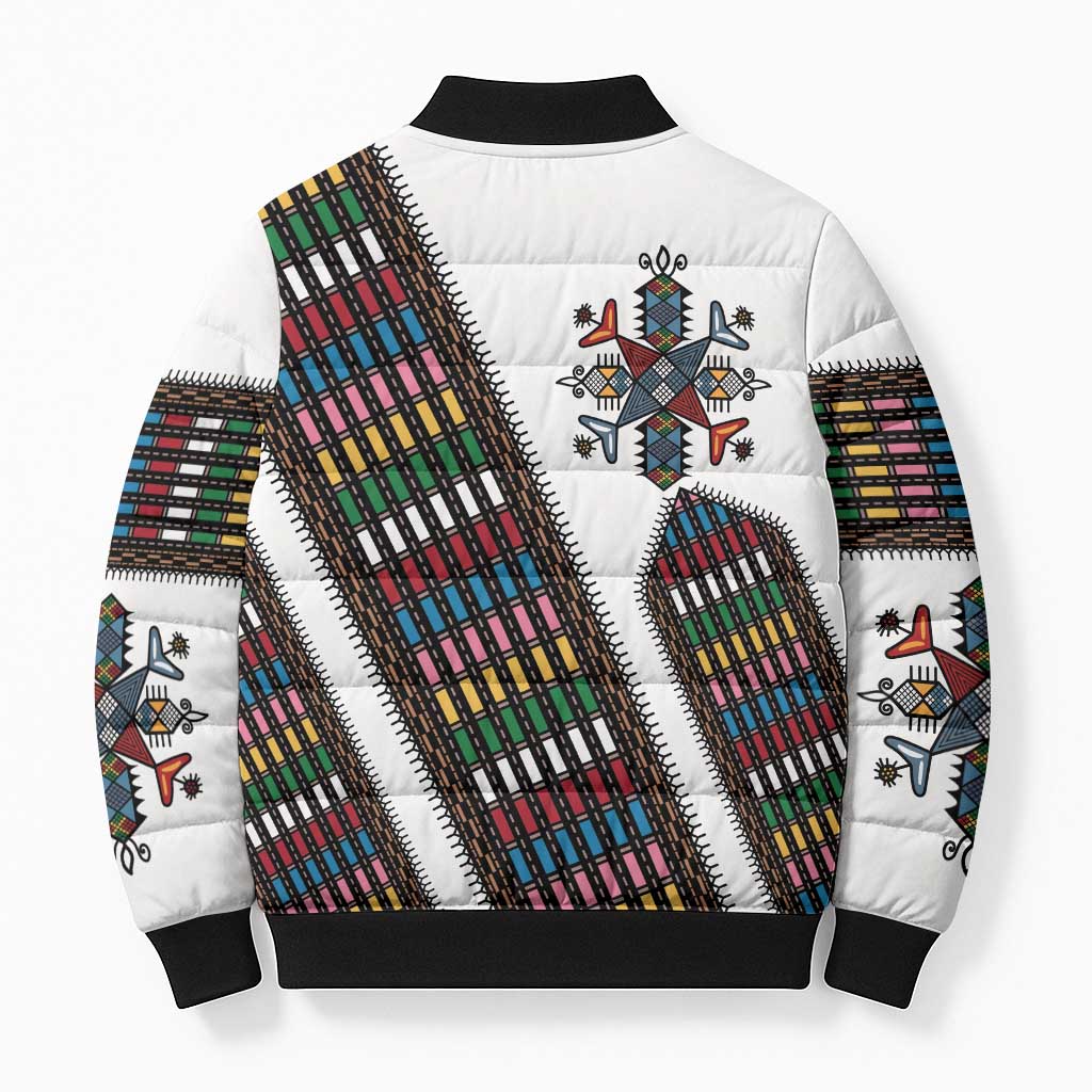 Habesha Kemis Inspired Tilet Pattern Bomber Puffer Jacket White
