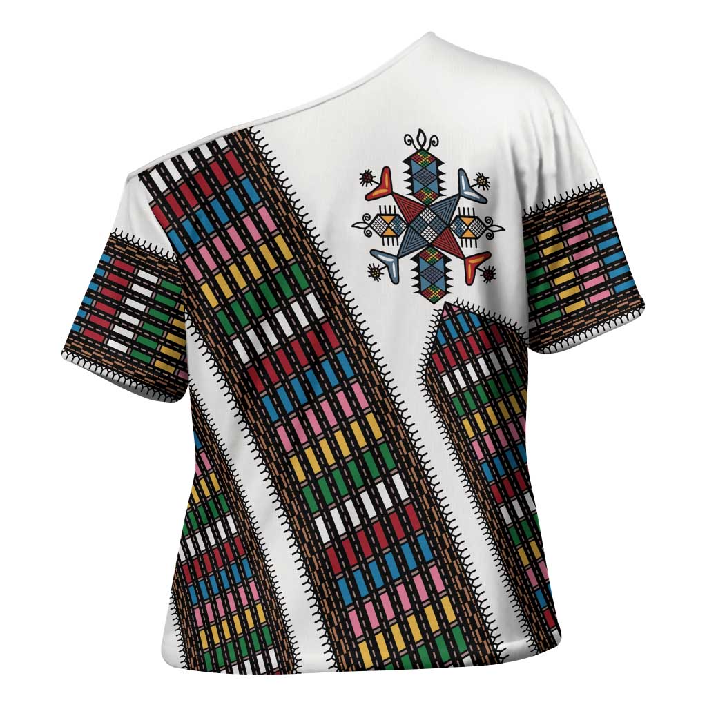 Habesha Kemis Inspired Tilet Pattern Cross Shoulder Shirt White