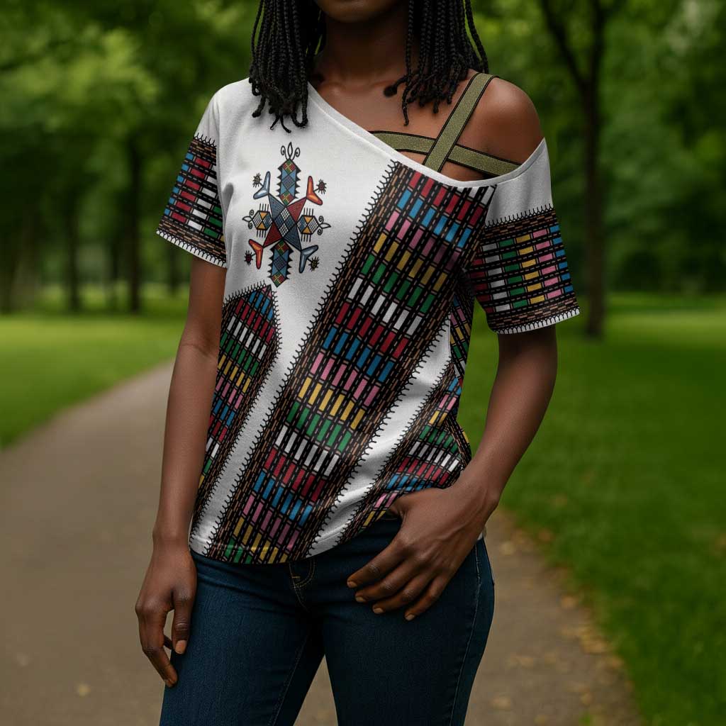 Habesha Kemis Inspired Tilet Pattern Cross Shoulder Shirt White