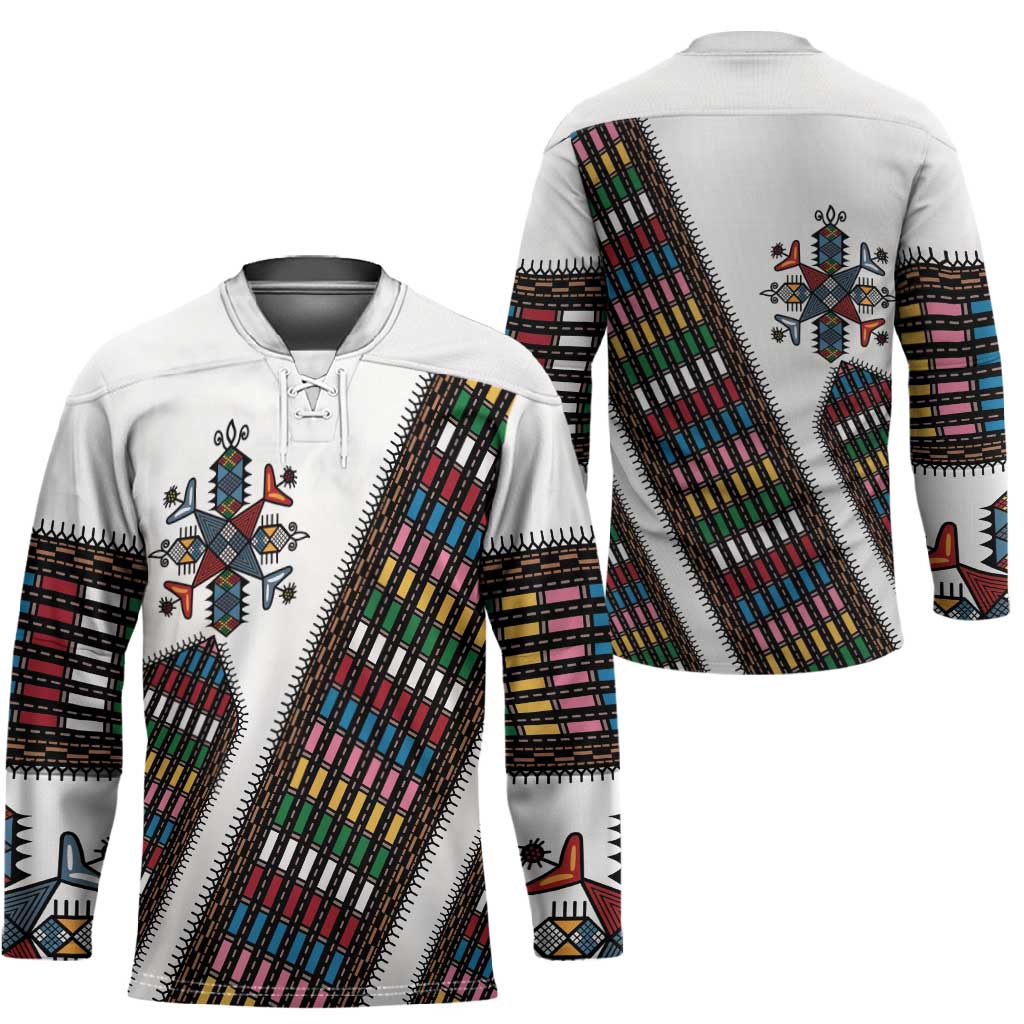 Habesha Kemis Inspired Tilet Pattern Hockey Jersey White