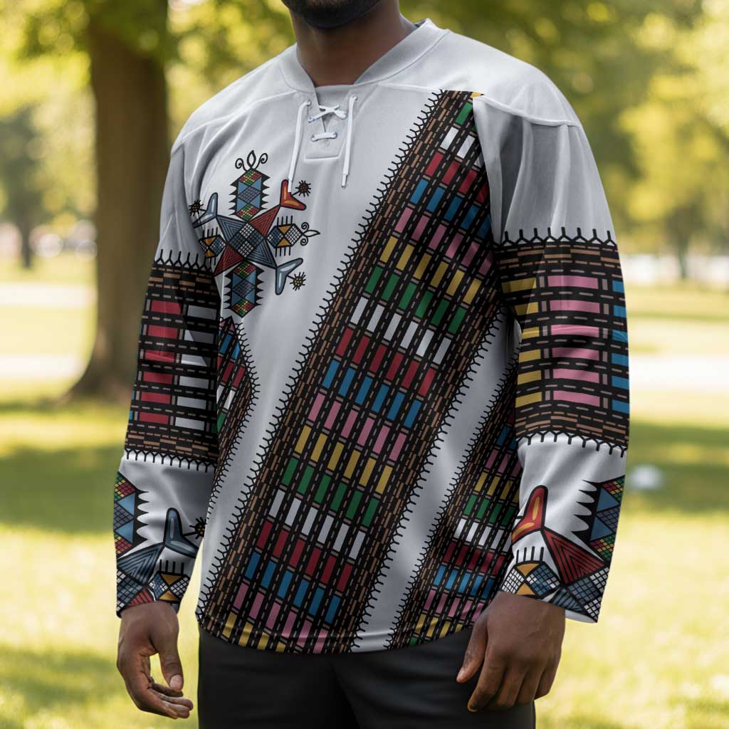 Habesha Kemis Inspired Tilet Pattern Hockey Jersey White