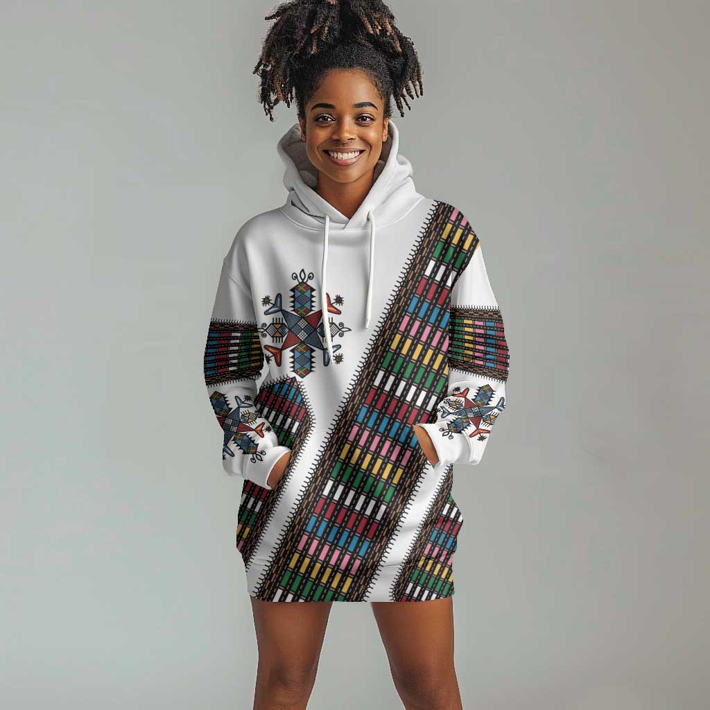 Habesha Kemis Inspired Tilet Pattern Hoodie Dress White