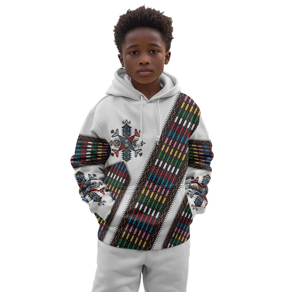 Habesha Kemis Inspired Tilet Pattern Kid Hoodie White