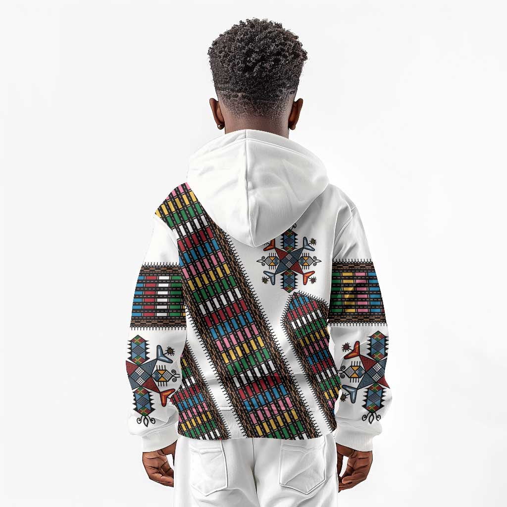 Habesha Kemis Inspired Tilet Pattern Kid Hoodie White