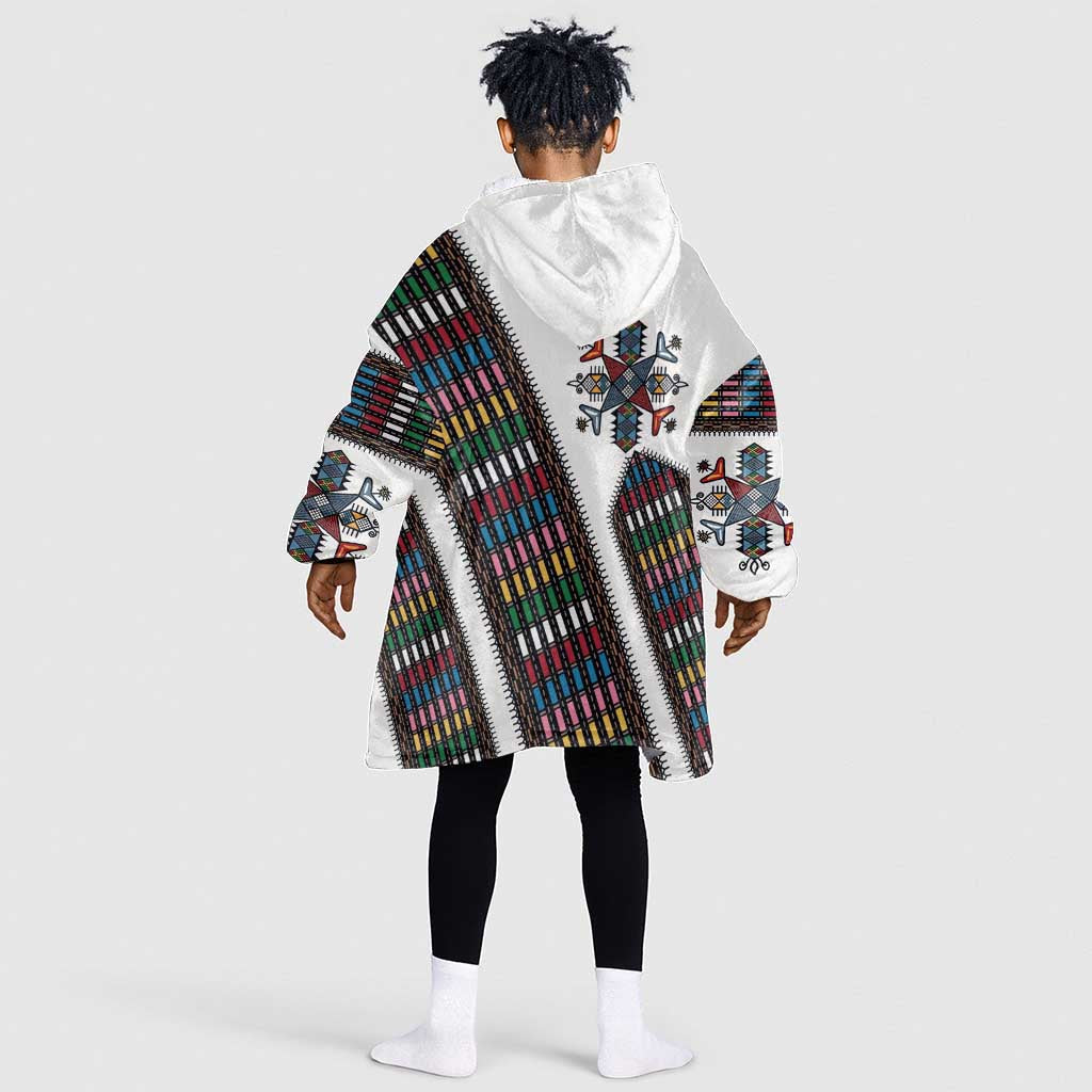 Habesha Kemis Inspired Tilet Pattern Kid Wearable Blanket Hoodie White