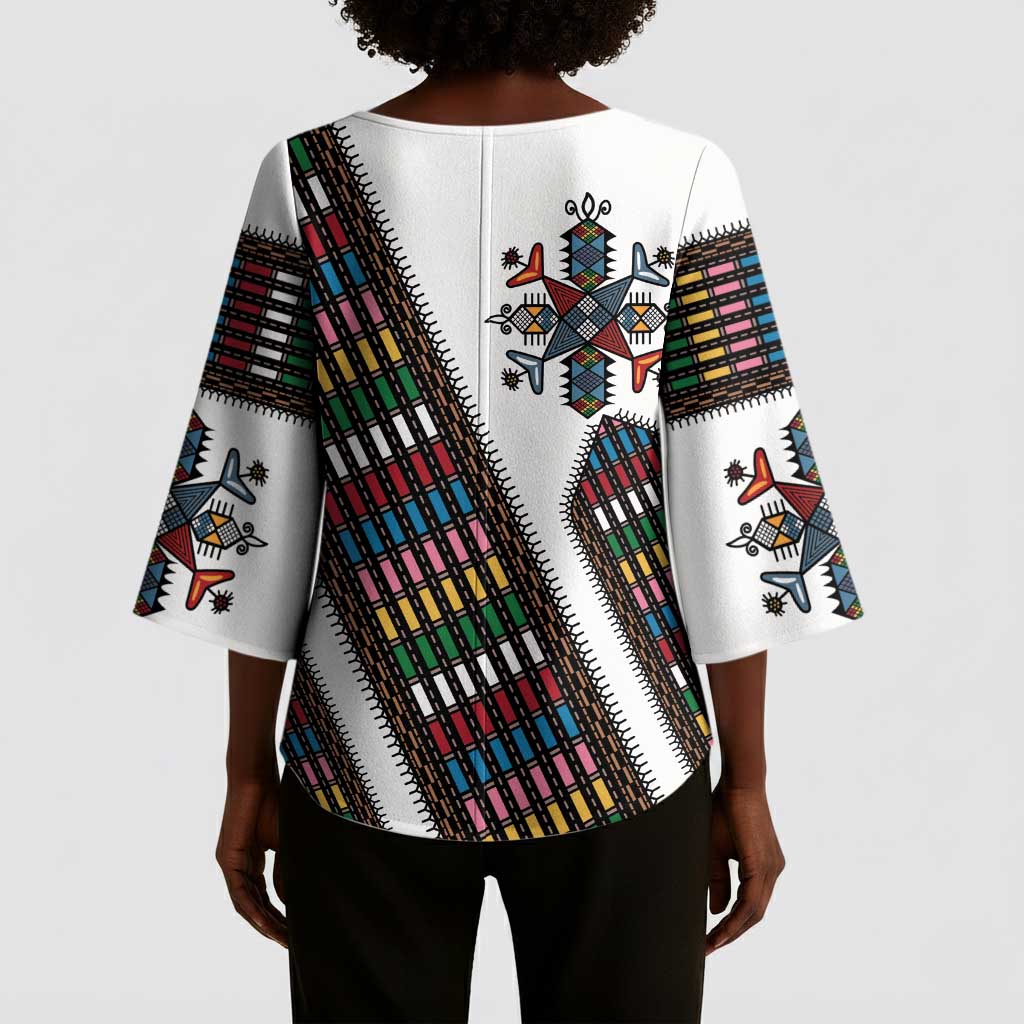 Habesha Kemis Inspired Tilet Pattern Kimono Sleeve Blouse White