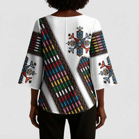 Habesha Kemis Inspired Tilet Pattern Kimono Sleeve Blouse White