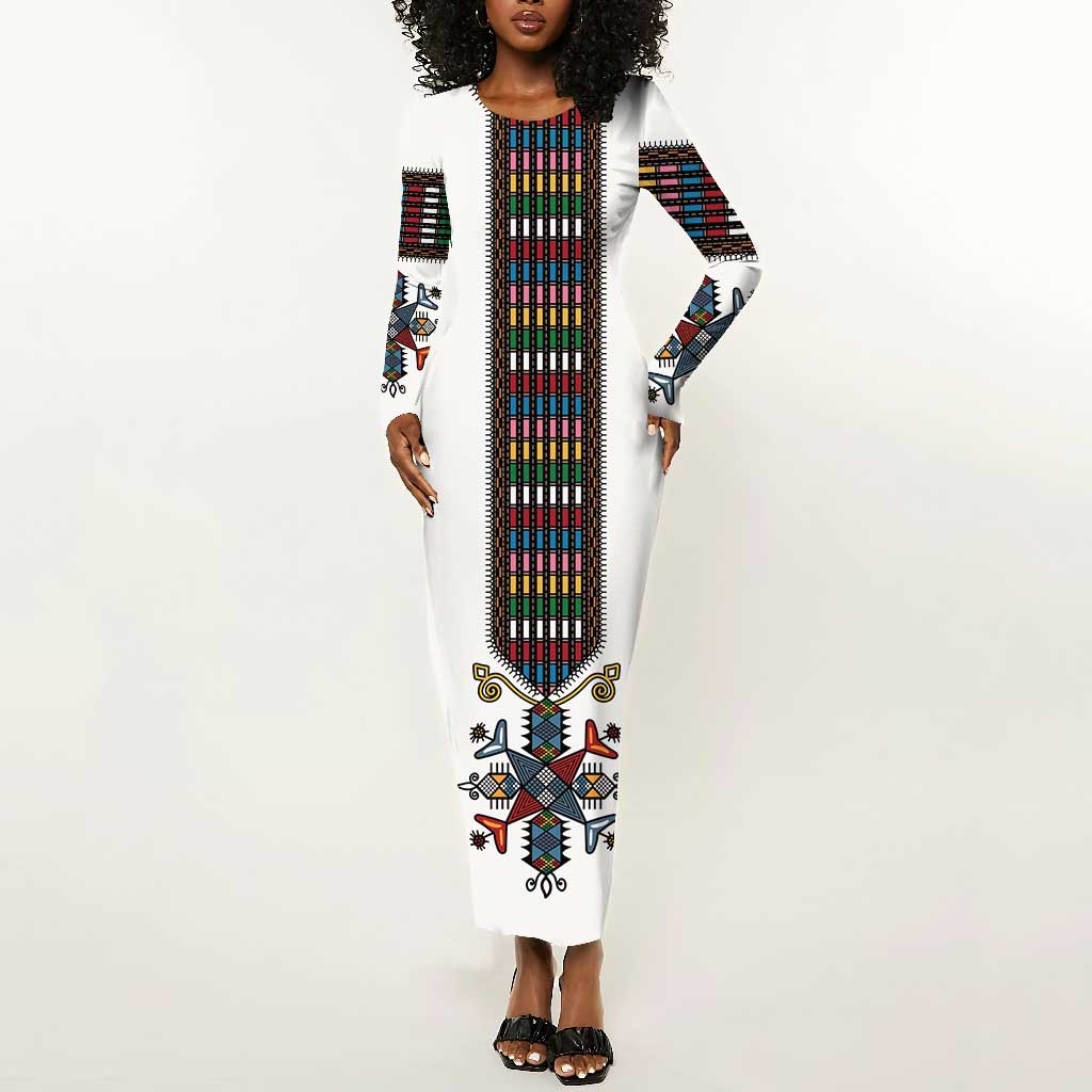 Habesha Kemis Inspired Tilet Pattern Long Sleeve Bodycon Dress White