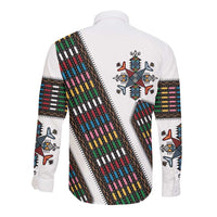 Habesha Kemis Inspired Tilet Pattern Long Sleeve Button Shirt White