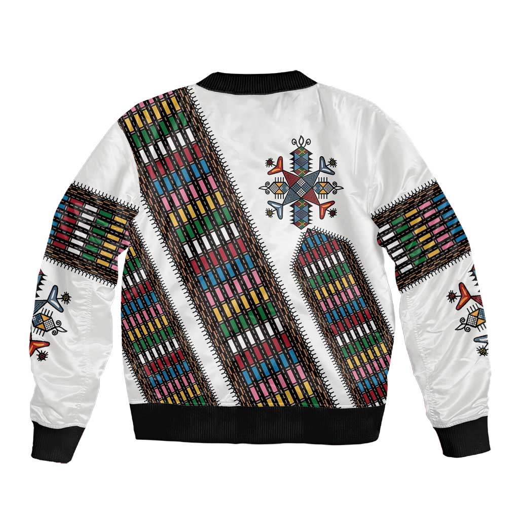 Habesha Kemis Inspired Tilet Pattern Sleeve Zip Bomber Jacket White
