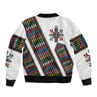 Habesha Kemis Inspired Tilet Pattern Sleeve Zip Bomber Jacket White