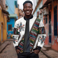 Habesha Kemis Inspired Tilet Pattern Sleeve Zip Bomber Jacket White