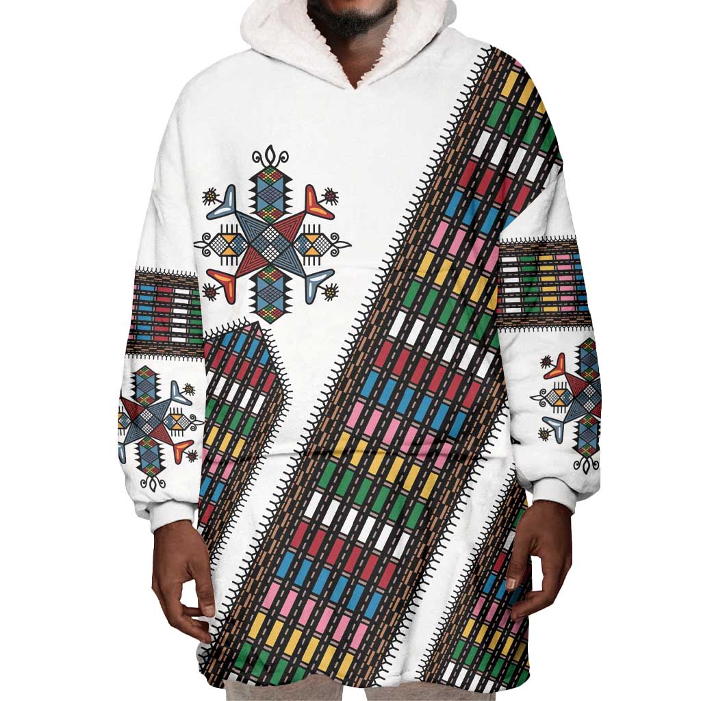 Habesha Kemis Inspired Tilet Pattern Wearable Blanket Hoodie White
