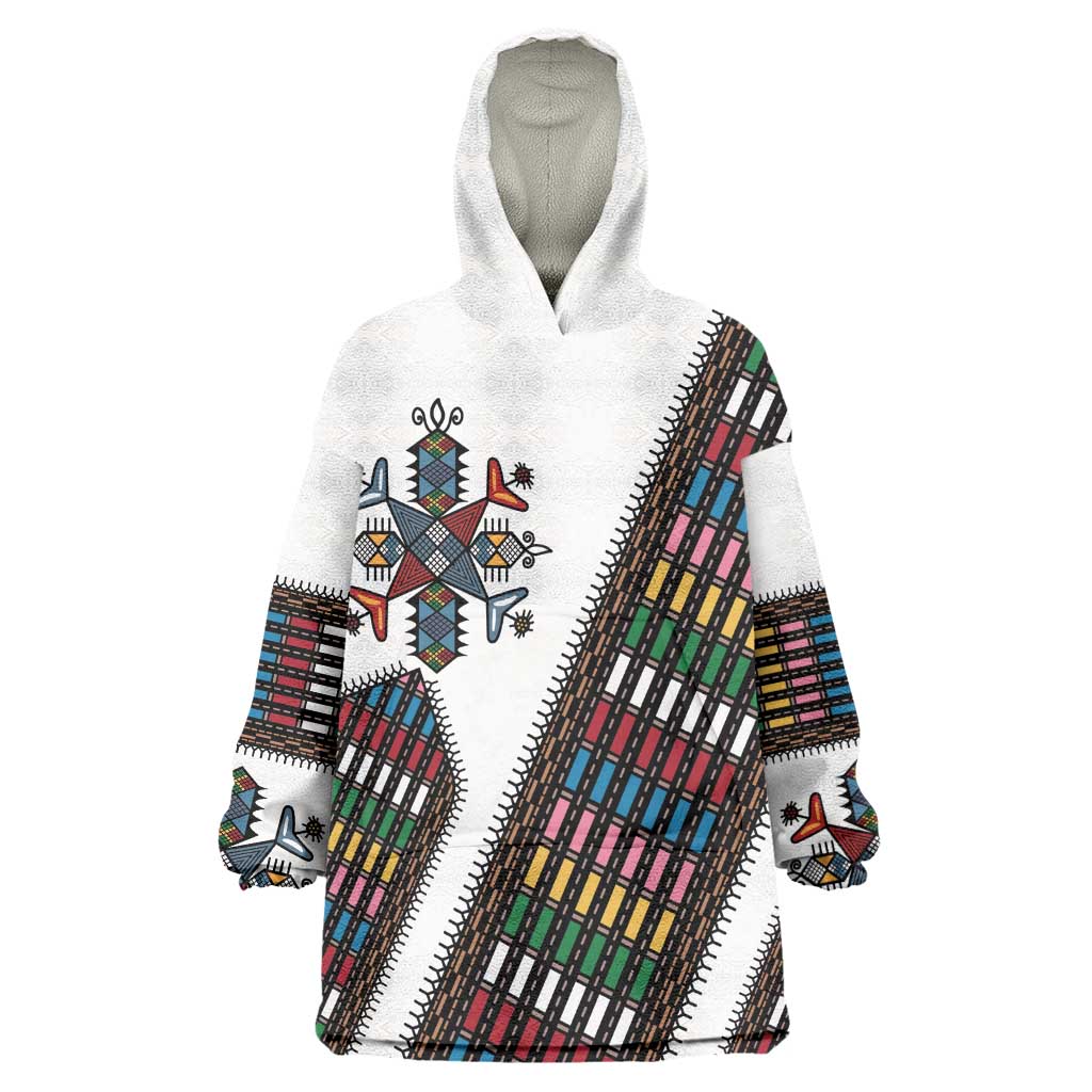 Habesha Kemis Inspired Tilet Pattern Wearable Blanket Hoodie White