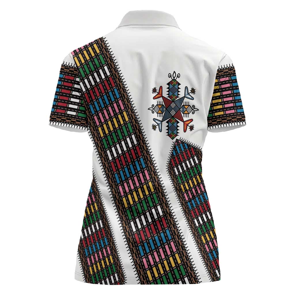 Habesha Kemis Inspired Tilet Pattern Women Polo Shirt White