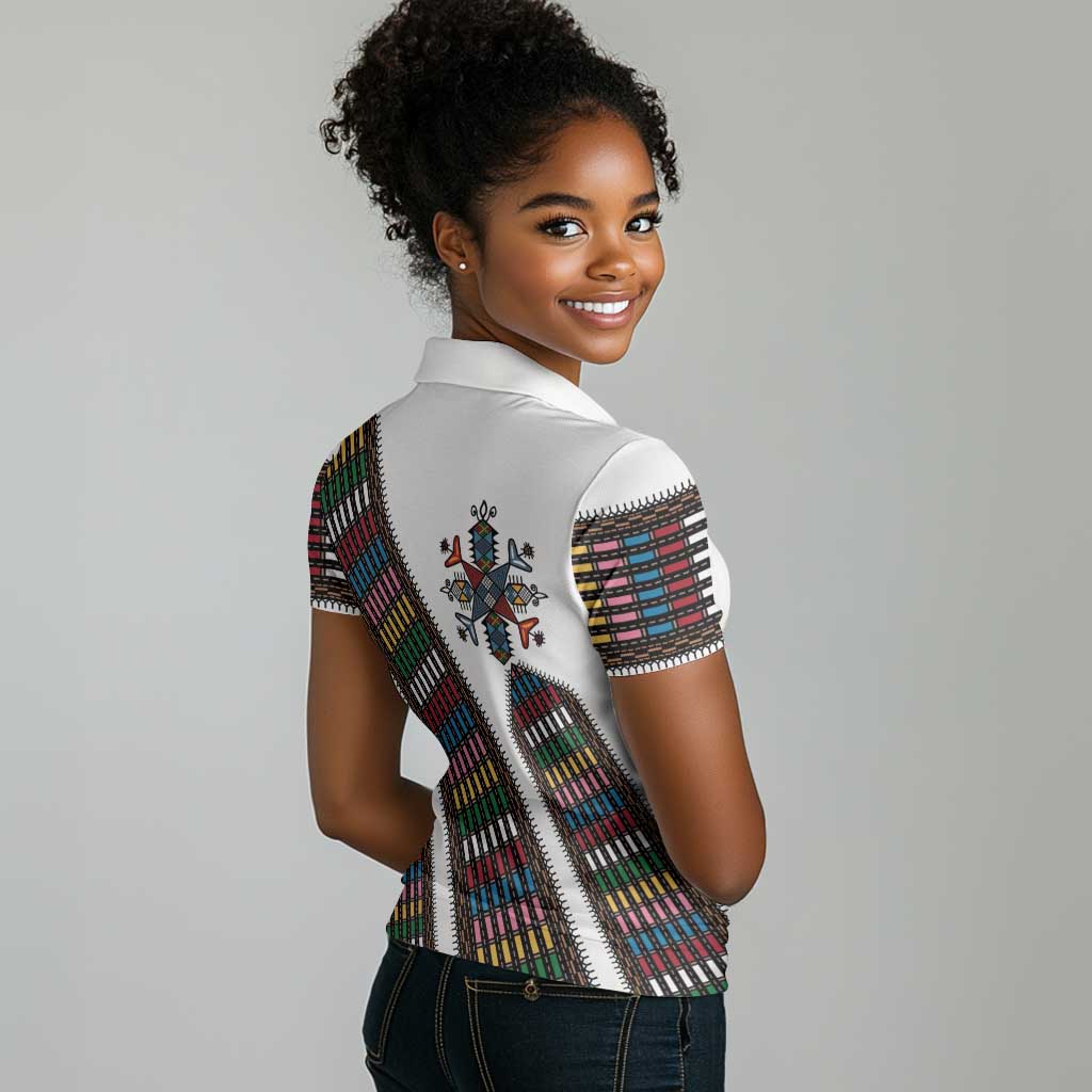 Habesha Kemis Inspired Tilet Pattern Women Polo Shirt White