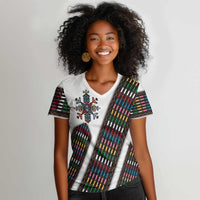 Habesha Kemis Inspired Tilet Pattern Women V-Neck T-Shirt White